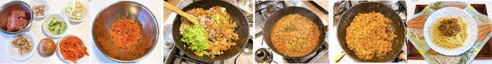 写真:ミートソーススパゲッティの作成工程