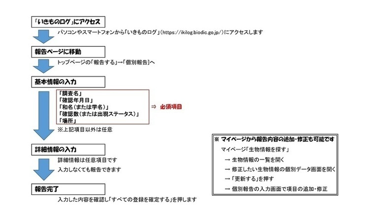 イラスト：投稿方法例　1「いきものログ」にアクセス　2報告ページに移動　3基本情報の入力　4詳細情報の入力　5報告完了