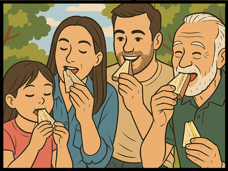 画像：多世代がサンドイッチを食べて交流する様子