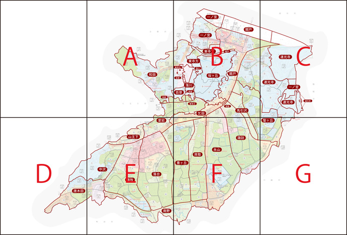都市計画図の表面を、左上からA・B・C、左下からD・E・F・Gに7分割した地図