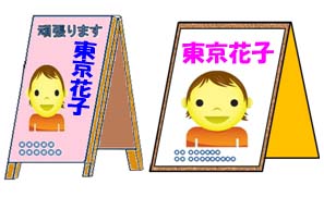 イラスト：個人の氏名が記載されている折りたたみ式看板を直接地面に置いた例