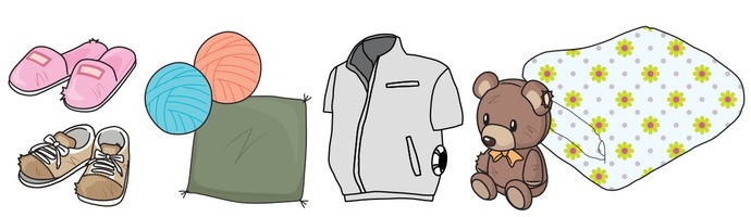 古布で出せないスリッパ、靴、毛糸、座布団、バッテリーとファンをはずした空調服、ぬいぐるみ、羽毛布団のイラスト