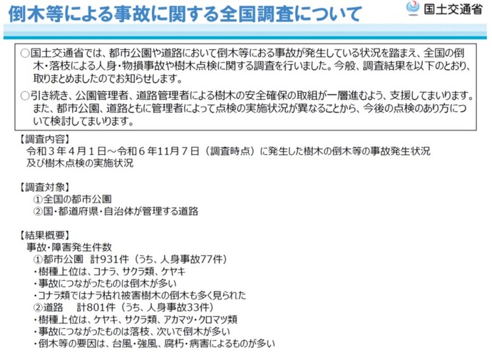 国土交通省が行った倒木等の事故に関する全国調査