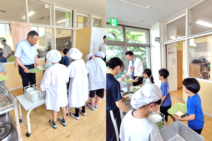 阿部市長とアイスランド大使館職員が給食を受け取る様子