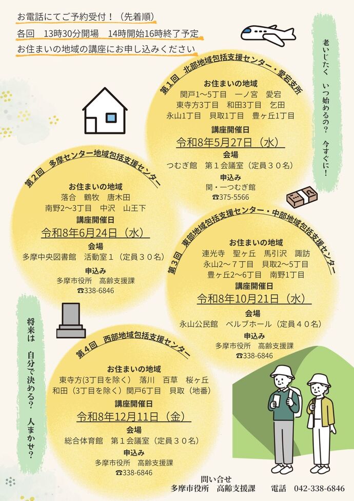 第1回　北部地域包括支援センター・愛宕支所は令和8年5月27日（水曜日）、会場はつむぎ館第1会議室（定員30名）、申込は関・一つむぎ館へ電話（375-5566）。第2回多摩センター地域包括支援センターは令和8年6月24日（水曜日）、会場は多摩中央図書館第1講座室（定員30名）、申込は高齢支援課へ電話（338-6846）、第3回東部地域包括支援センター・中部地域包括支援センターは令和8年10月21日（水曜日）、会場はベルブ永山ベルブホール（定員40名）、申込は高齢支援課へ電話（338-6846）。第4回西部地域包括支援センターは令和8年12月11日（金曜日）、多摩市立総合体育館第1会議室（定員30名）、申込は高齢支援課へ電話（338-6846）。